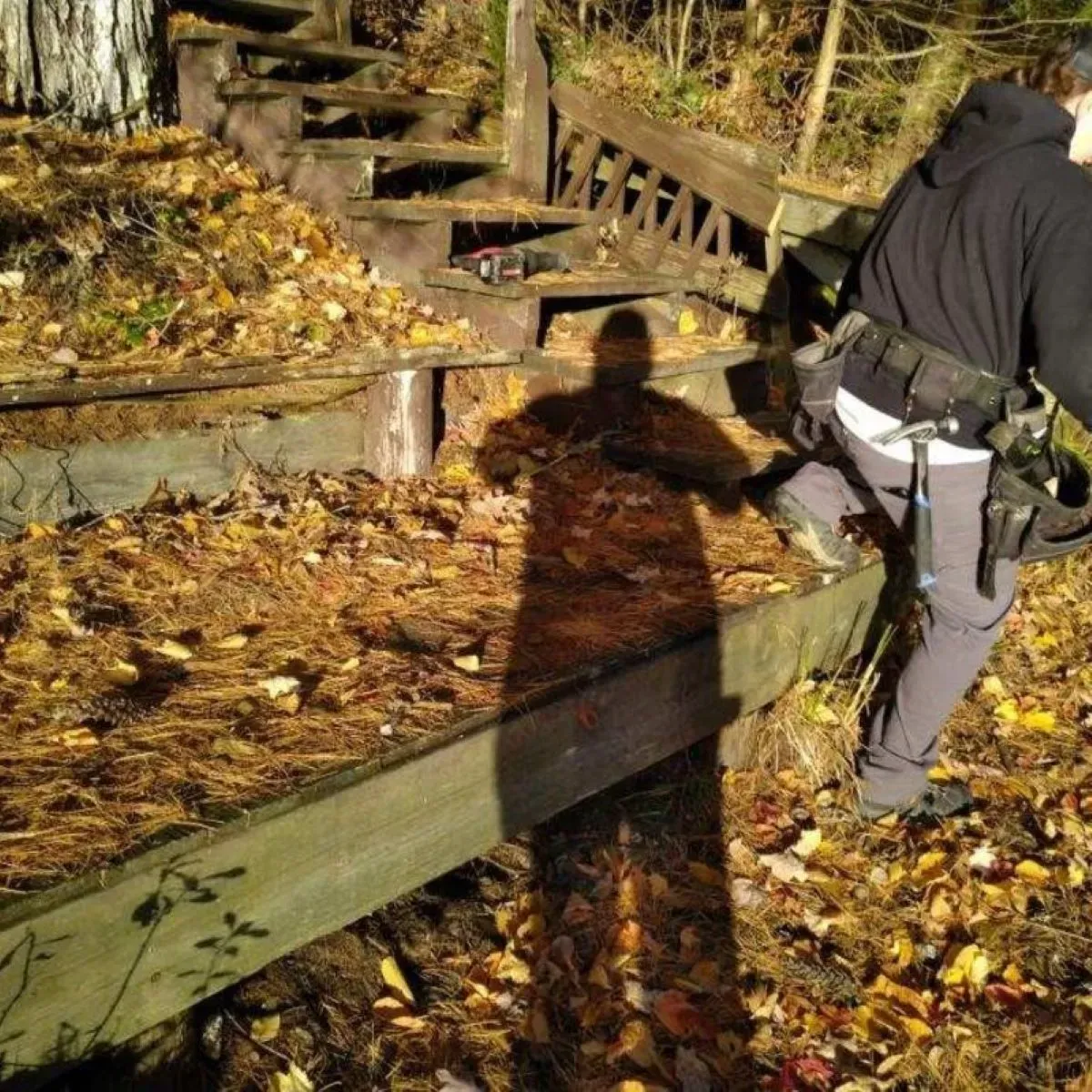 A shadow of a person is cast on a wooden fence
