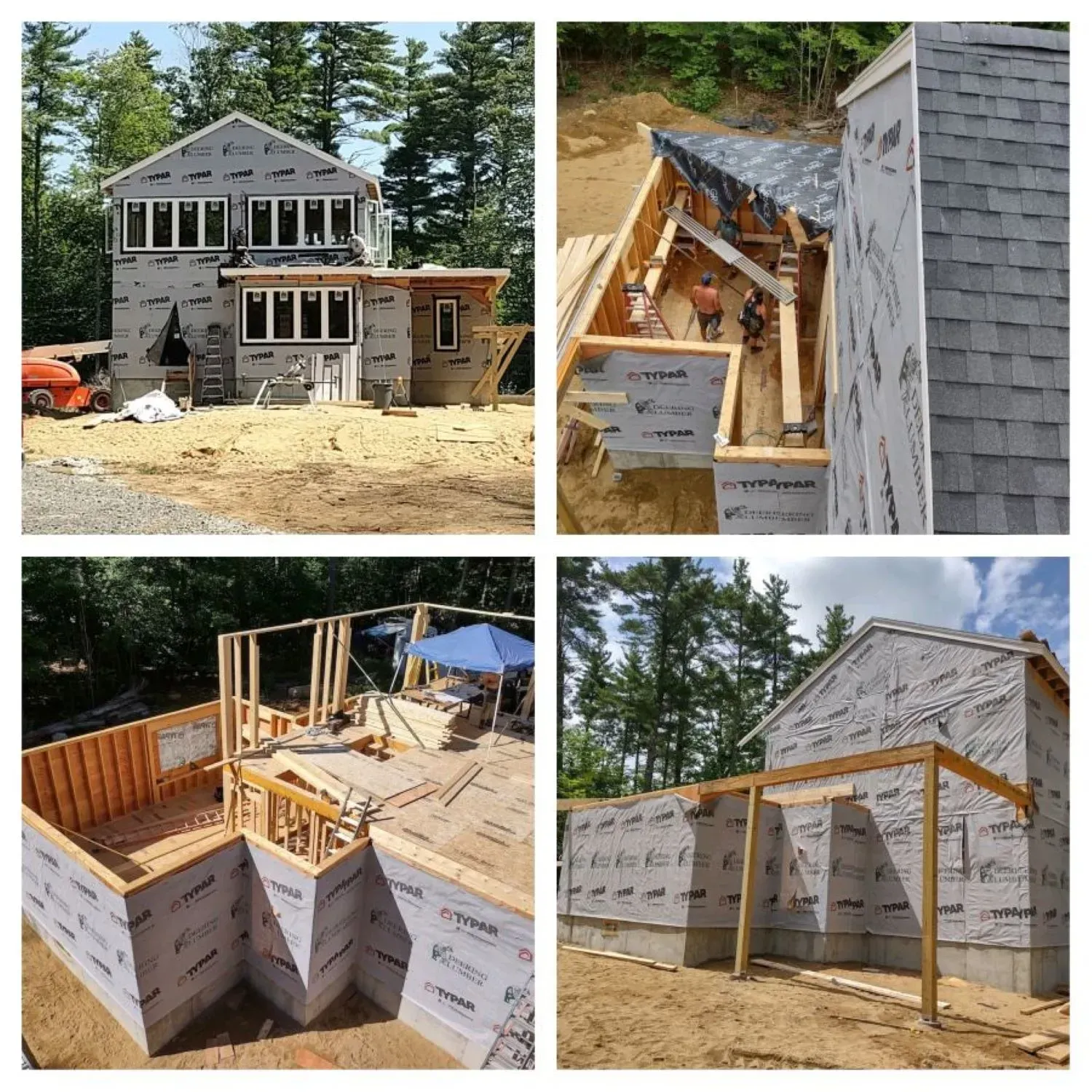 A collage of four pictures of a house under construction