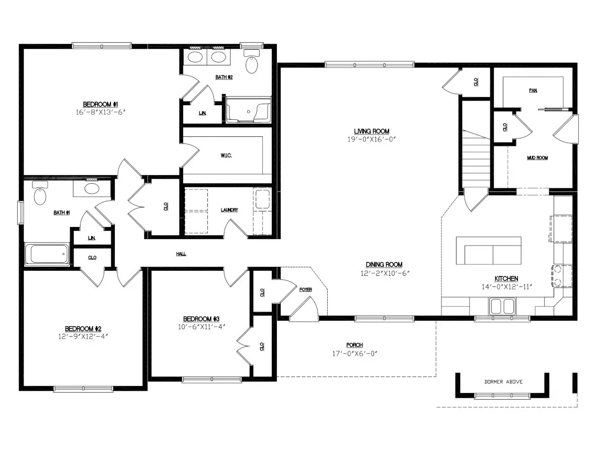 Floor plan of a house with bedrooms, bathrooms, living room, kitchen, and entry.
