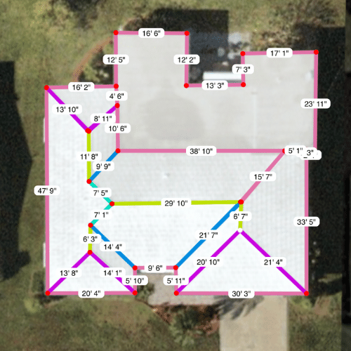 Drone view of a roof top of a home with the overlay of measurements needed to estimate the cost of roof replacement.