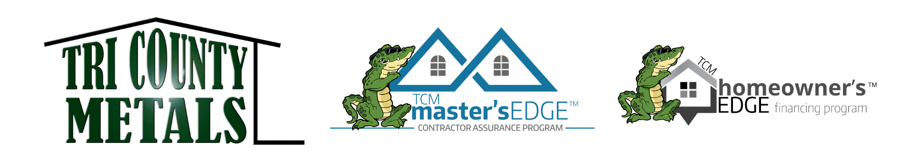 Trio of logos for TriCounty Metals for their MastersEdge Metal Roofing and the HomeownersEdge financing program.