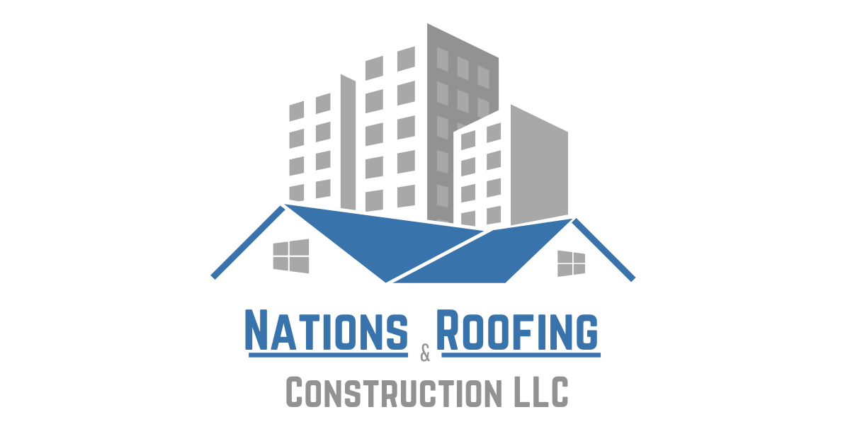 Logo for Nations Roofing & Construction shows tall buildings behind a residential home with a blue roof.