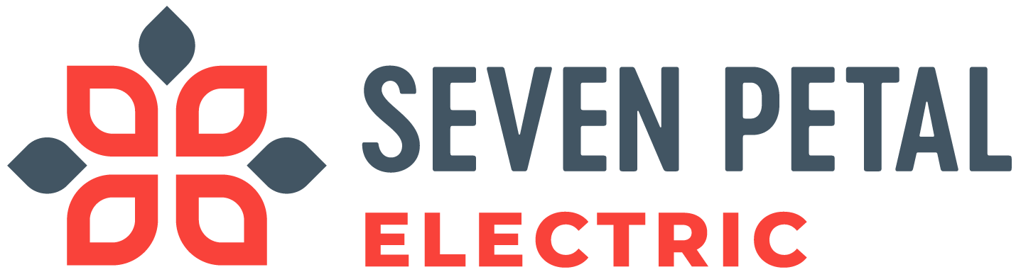 The logo for seven petal electric is red and blue.