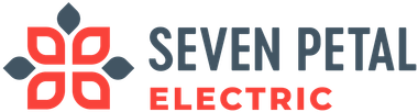 The logo for seven petal electric is red and blue.