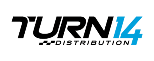 Logo: "TURN 14 DISTRIBUTION" in black with "14" in blue, and a small checkered flag.