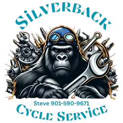 Logo: Gorilla in goggles holding a wrench with tools, "Silverback Cycle Service" and phone number.