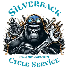 Logo: Gorilla in goggles holding a wrench with tools, "Silverback Cycle Service" and phone number.
