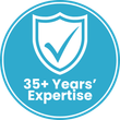 Blue circle with a white shield and checkmark, text reads 