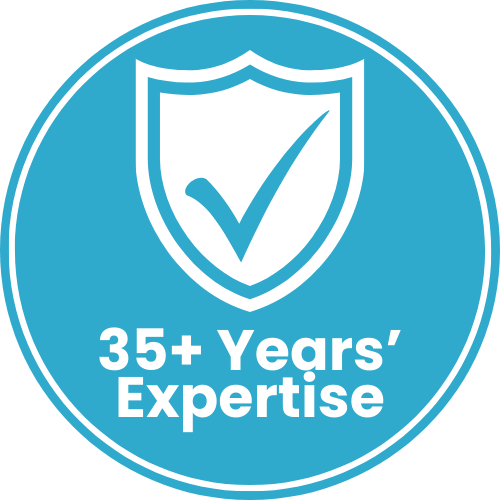 Blue circle with a white shield and checkmark, text reads