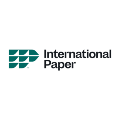 International Paper logo, dark green and white. Text: