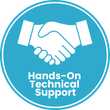 Blue circle with white handshake, text 
