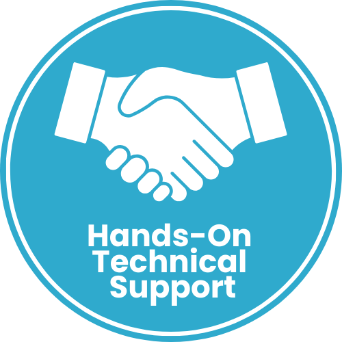 Blue circle with white handshake, text