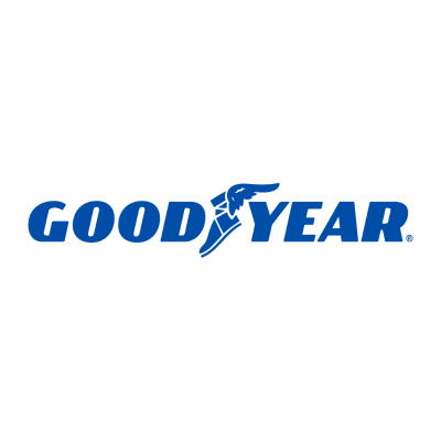 Goodyear logo: Blue text and running shoe icon with wings on a white background.