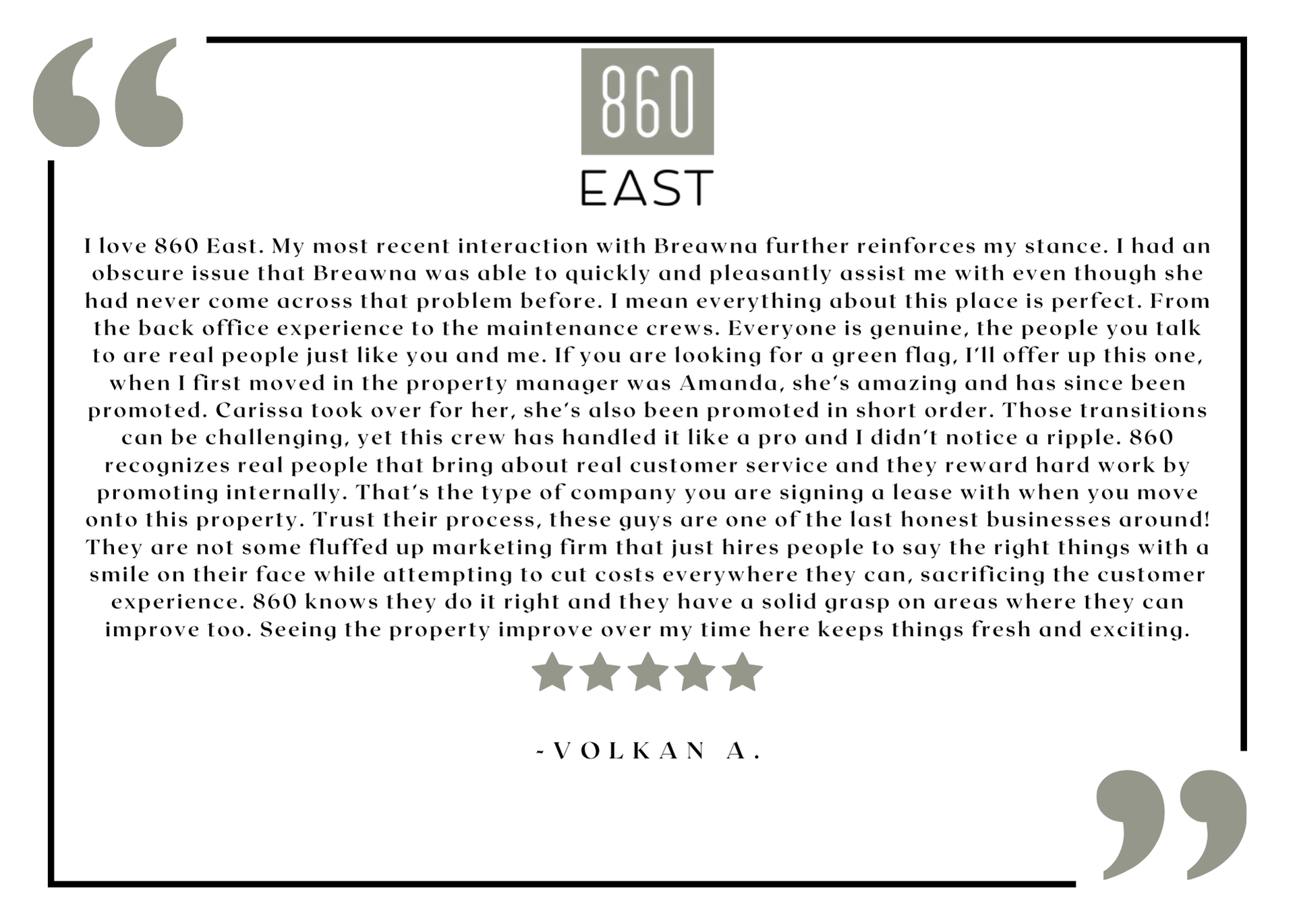 860 East resident testimonial graphic with logo and five-star review.