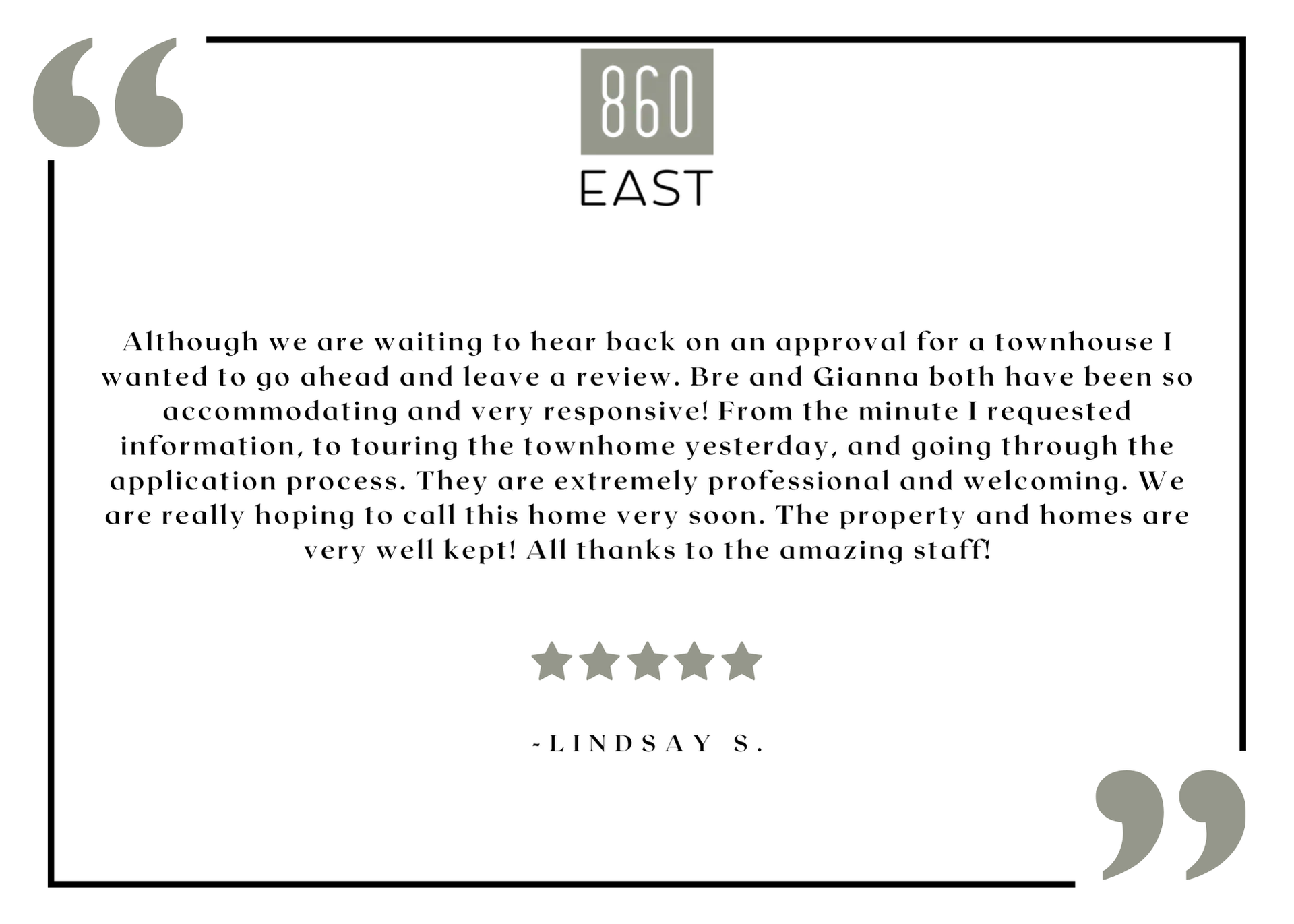 860 East resident testimonial graphic with logo and five-star review.