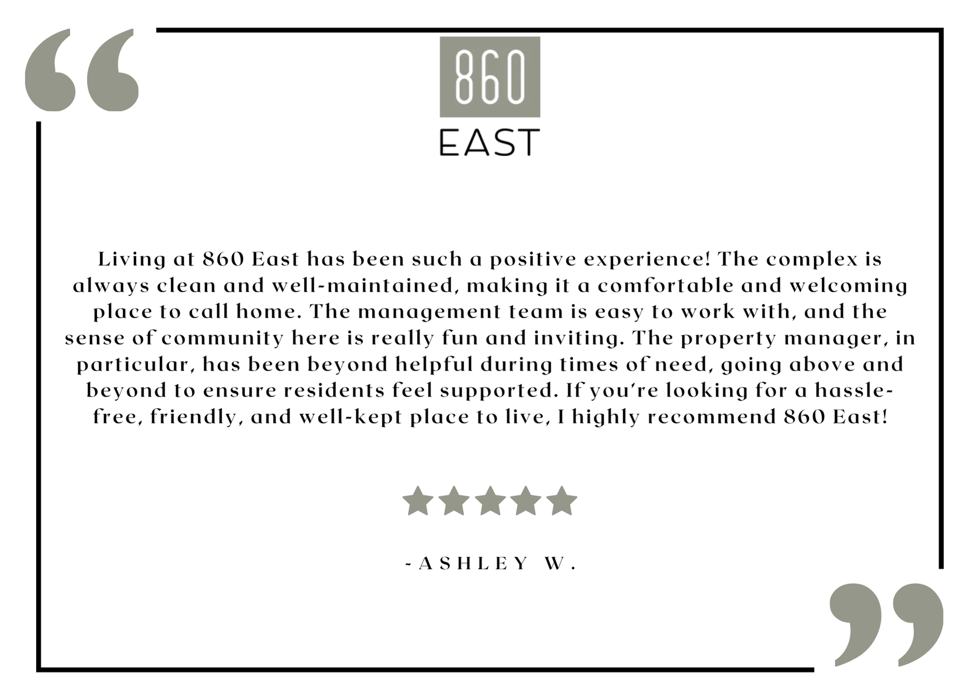 860 East resident testimonial graphic with logo and five-star review.