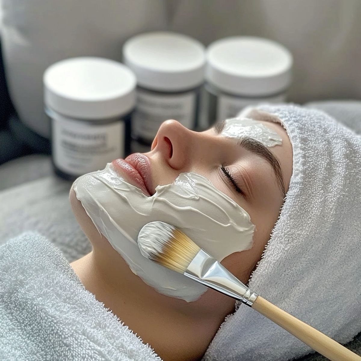 A woman is getting a facial treatment with a brush