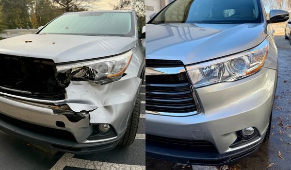 A side-by-side comparison of a silver SUV showing damage to the front bumper and headlight before and after repairs.