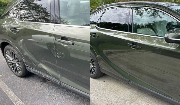 Before and after photos showing a dented olive-green car door repaired to a smooth, original condition.