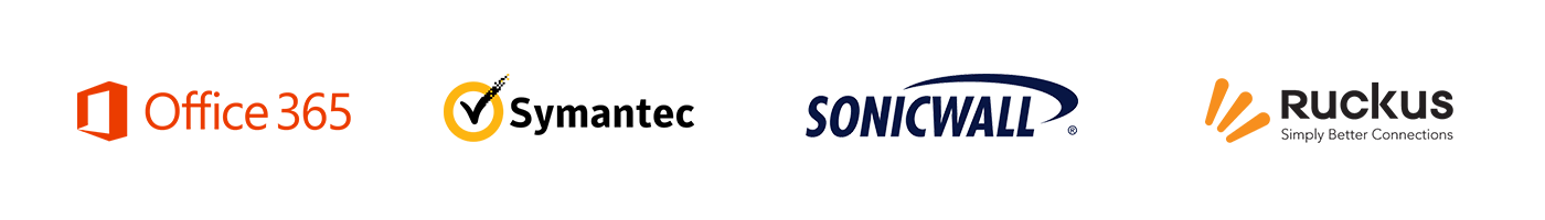 An image of logos for Microsoft 365, symantec, sonicwall and ruckus