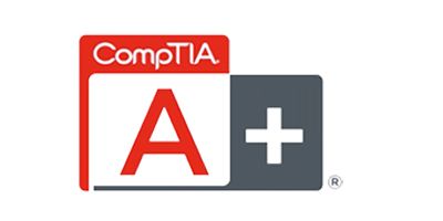 A red and white logo for CompTIA on a white background