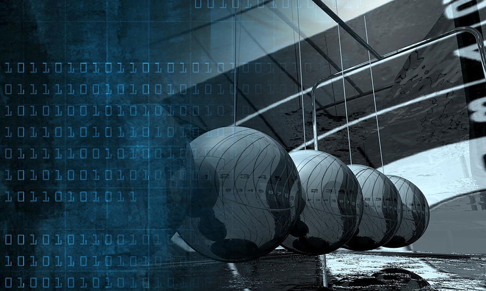 A photo of globes and computer code