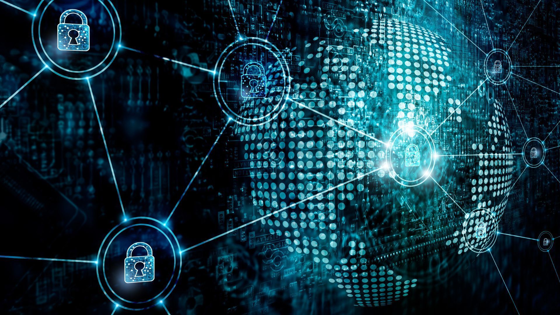 A computer generated image of a globe surrounded by circles and locks.