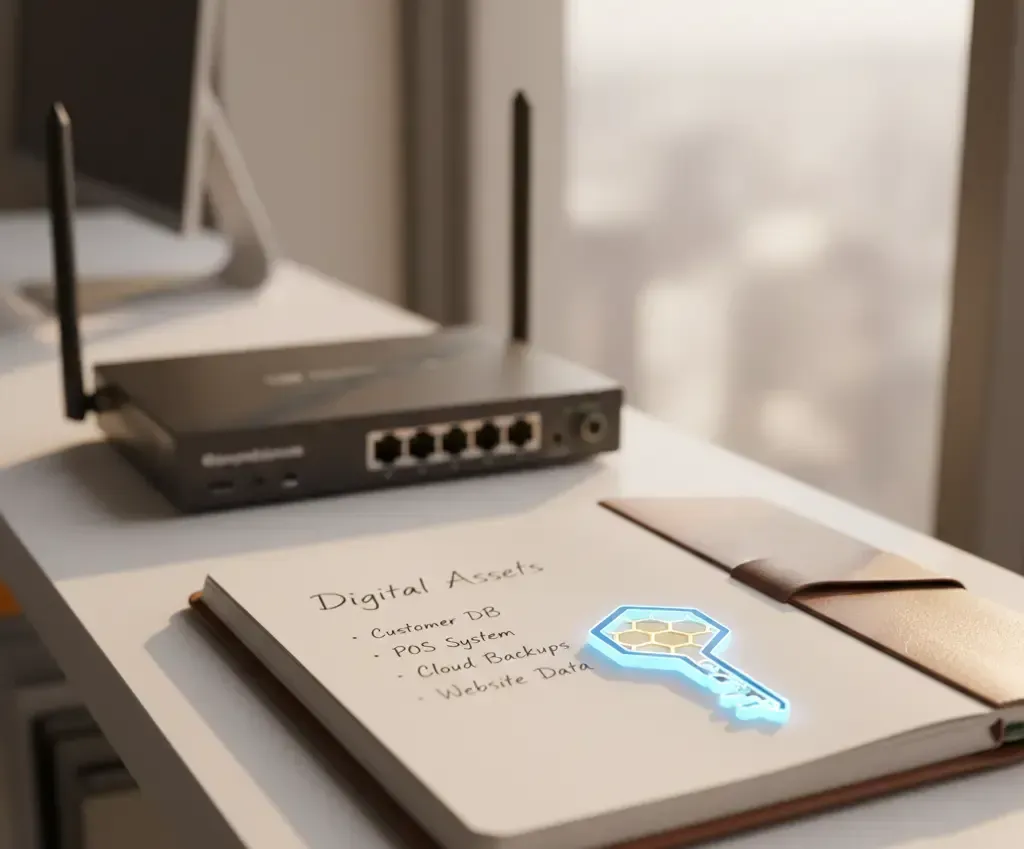 A network router and switch next to an open notebook listing critical digital assets for a security audit.