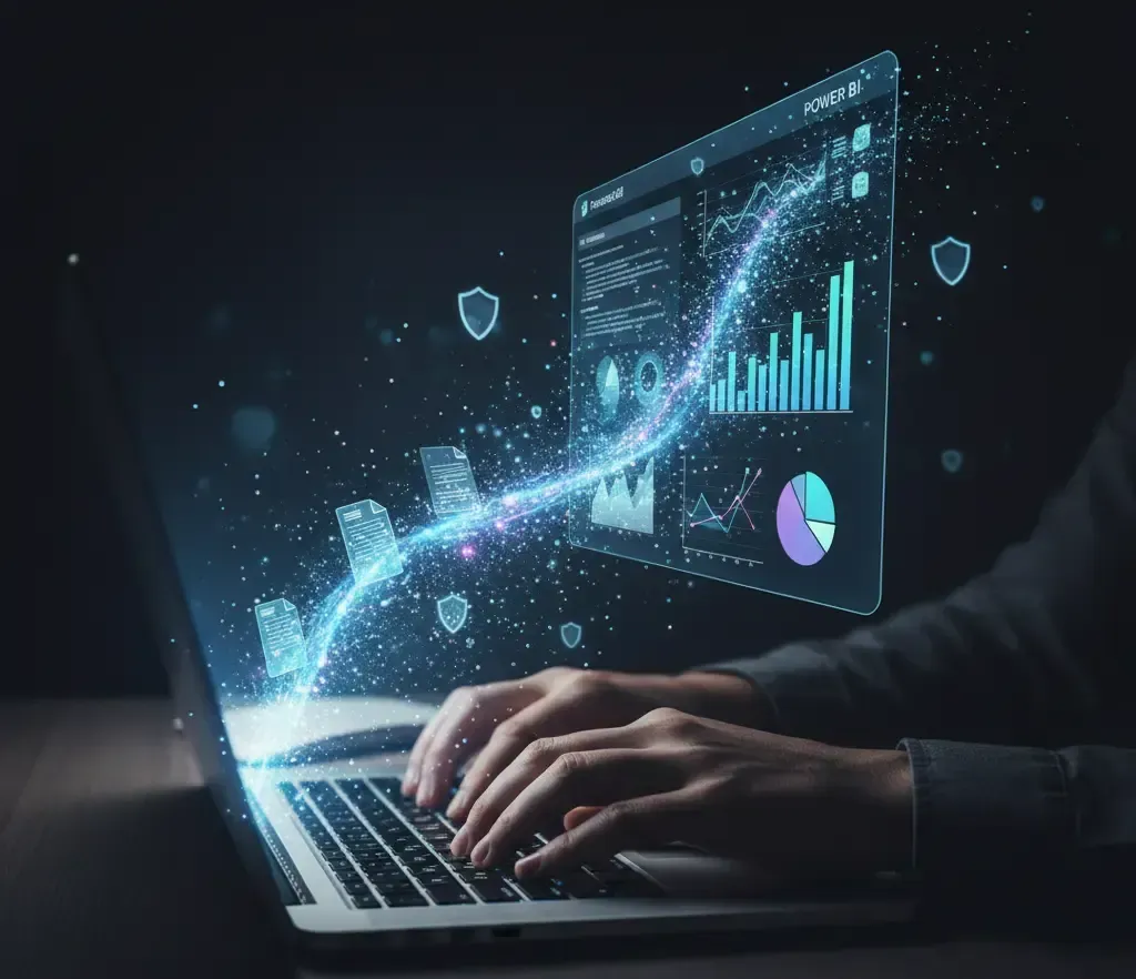 A cinematic image depicting dynamic data visualization and security, with data flowing from a laptop to an illuminated Power BI dashboard, protected by symbolic digital shields.