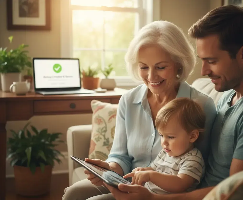 A family in a Sarasota living room sharing digital photos, with a laptop in the background showing a successful and secure cloud backup completion status.