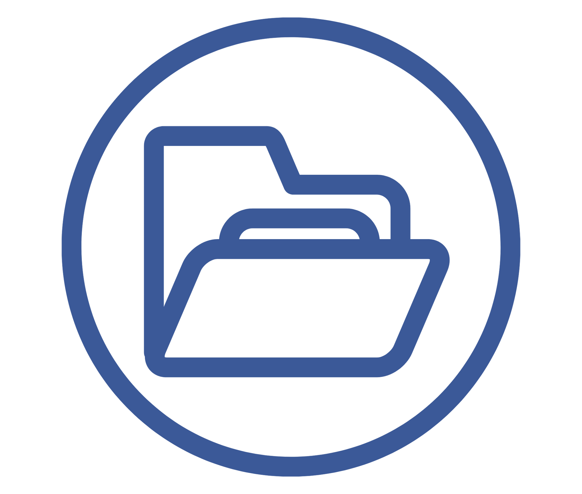A blue line icon of a folder inside a circle on a white background.