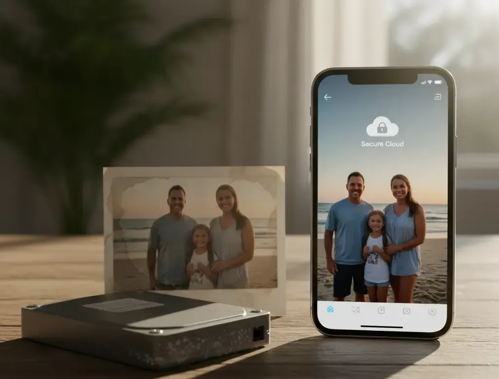 A comparison showing a water-damaged hard drive and faded photo next to a digital device displaying the same photo preserved crisply in a cloud backup app.