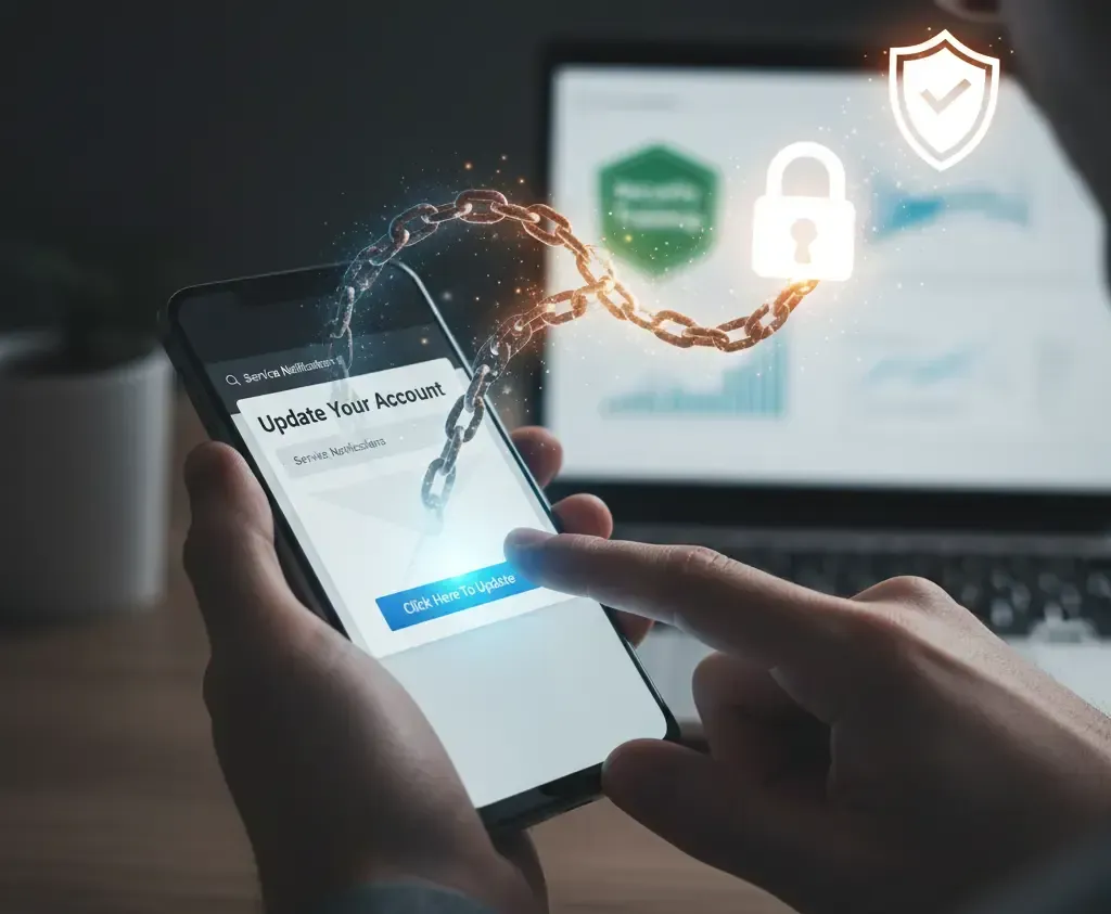 A person hesitates over a phishing email on a phone, with symbolic chains transforming into security icons.