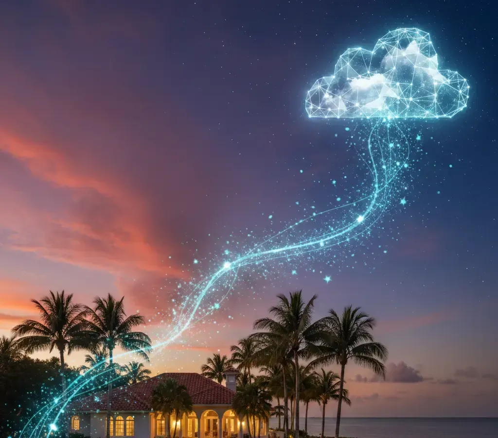 Sunset over a house with palm trees, digital cloud with streaming data.