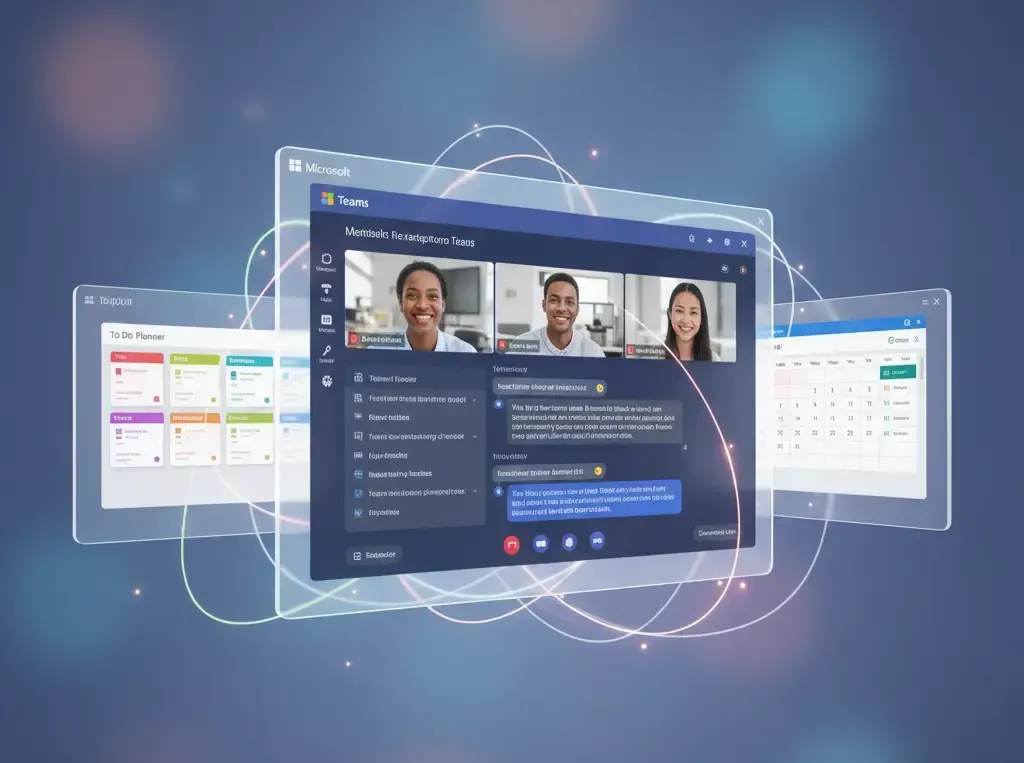 An artistic visualization of Microsoft Teams, Planner, and Outlook integrated into a single, connected digital workspace for seamless task management and communication.