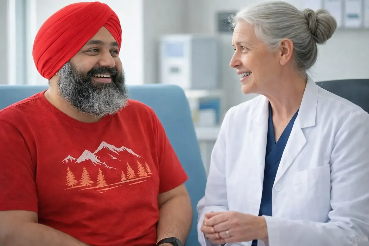 An overweight patient in a red turban is asking his doctor impact on his organs post-treatment 