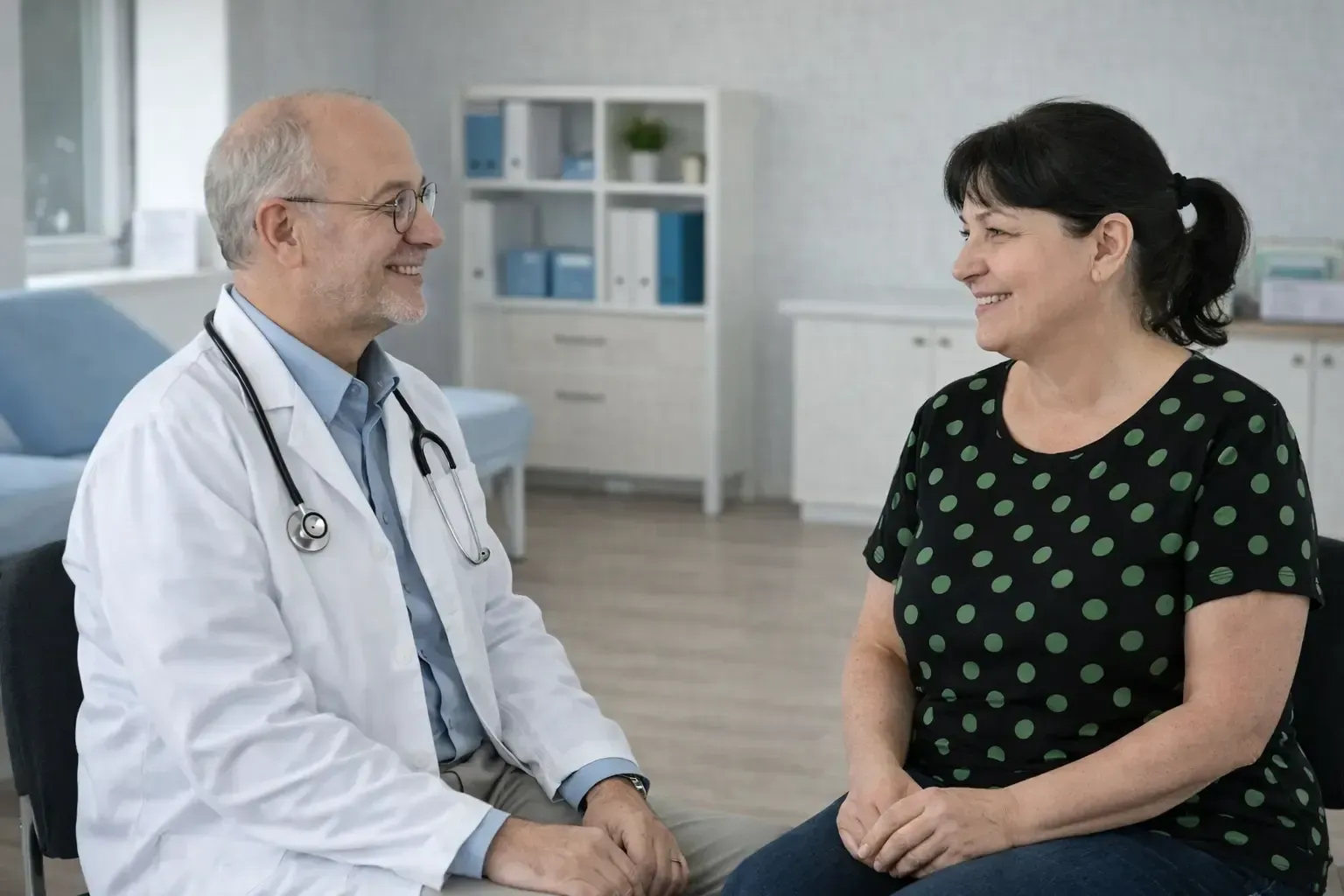 Concerned female patient asking the doctor how much weight should I aim to lose to improve my health