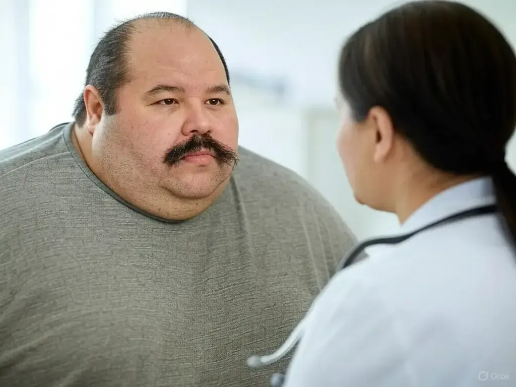 Stressed obese patient asking doctor about weight loss medication side effects 