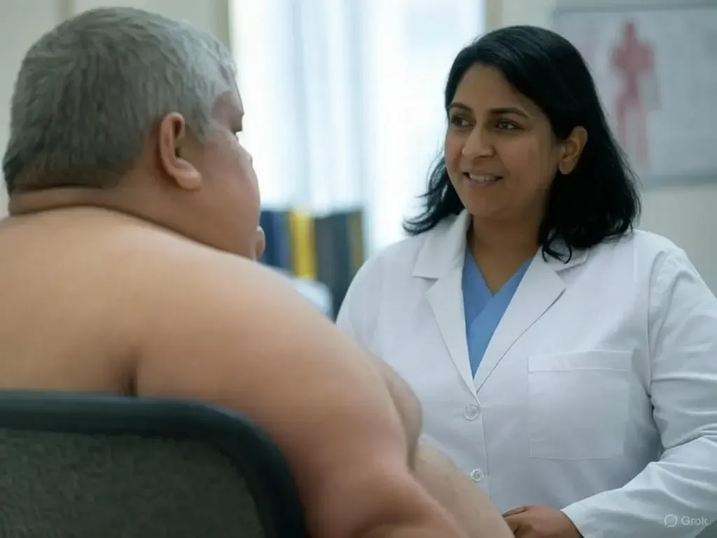 An obese patient is consulting his doctor about health risk factors involving weight loss