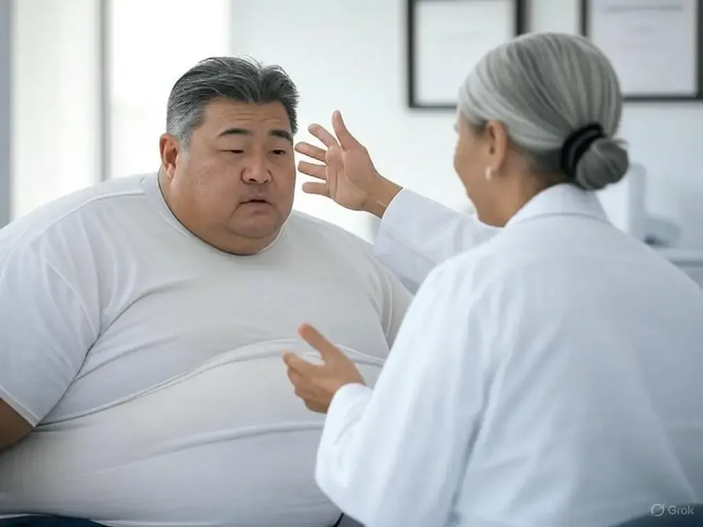 Doctor explaining to an overweight patient about the relationship between BMI and life expectancy