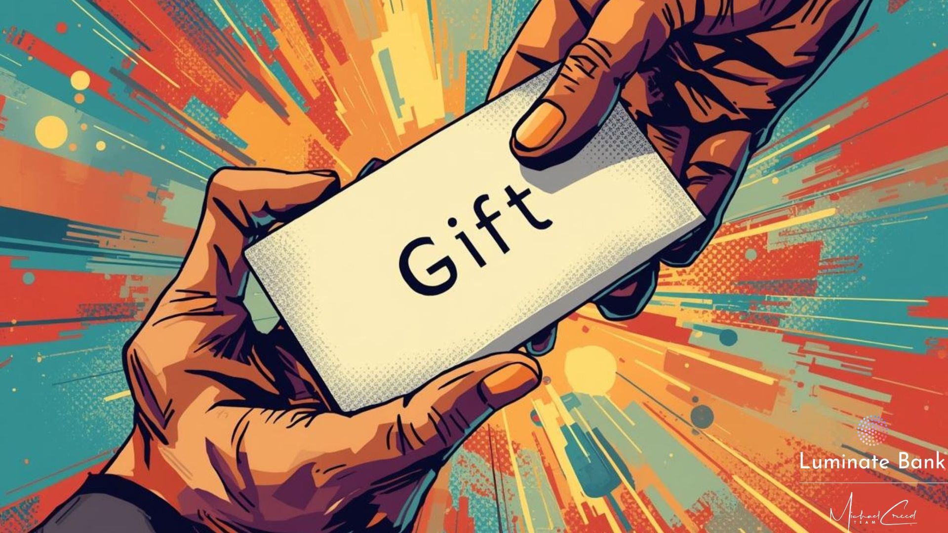 Two hands exchanging a card that says 