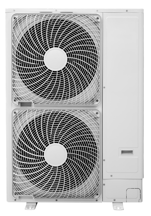 A white air conditioner with two fans on a white background.