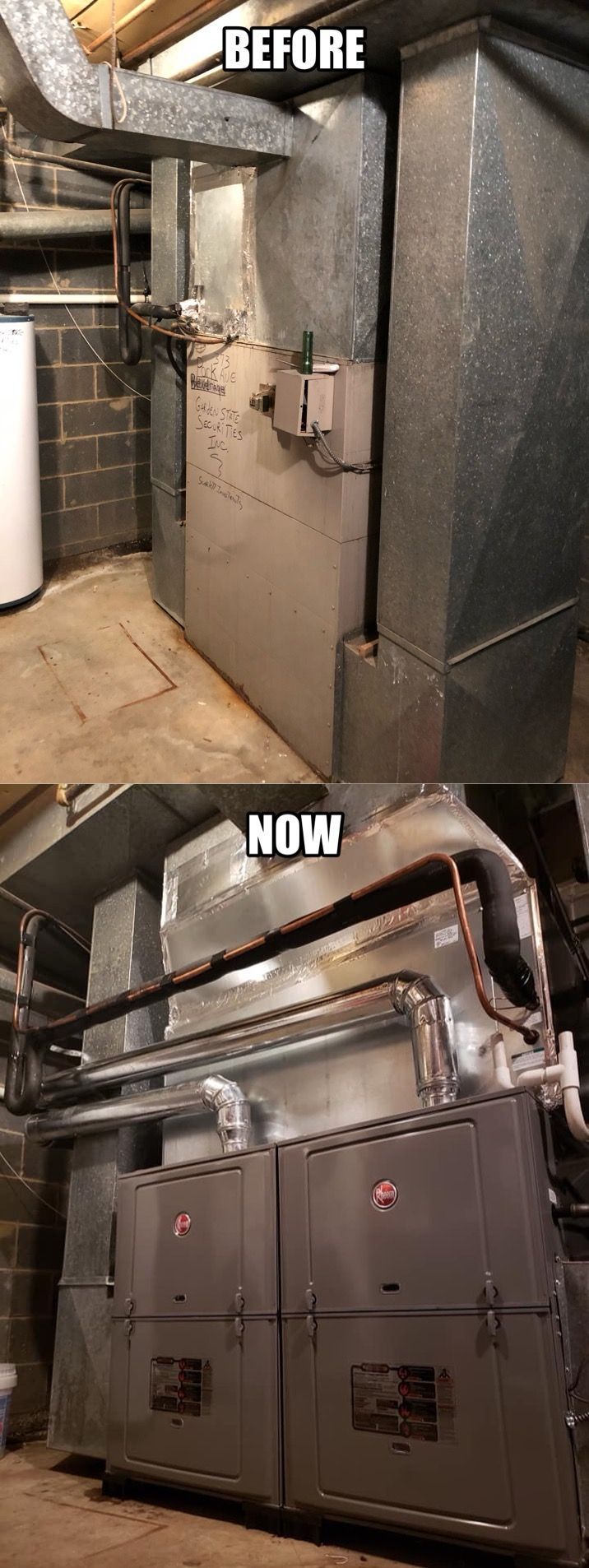 A before and after picture of a heating system in a basement.