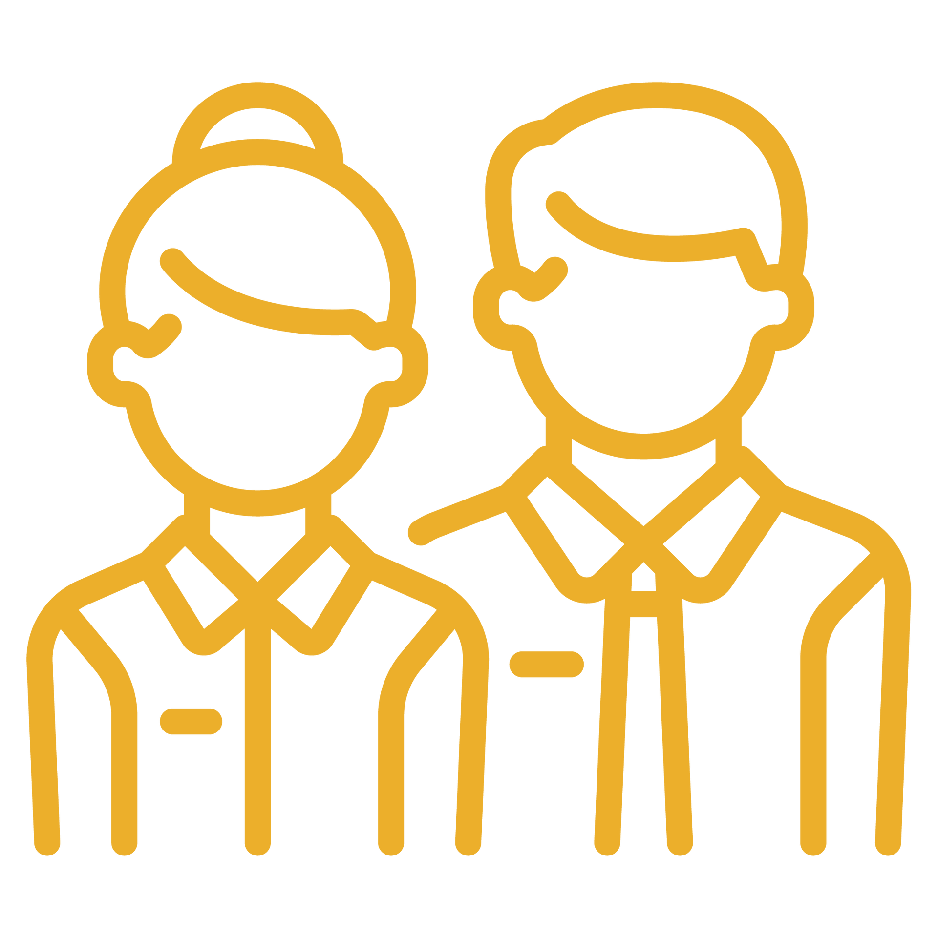 Two people, outlined in yellow, facing forward. The woman has a bun, the man has short hair.