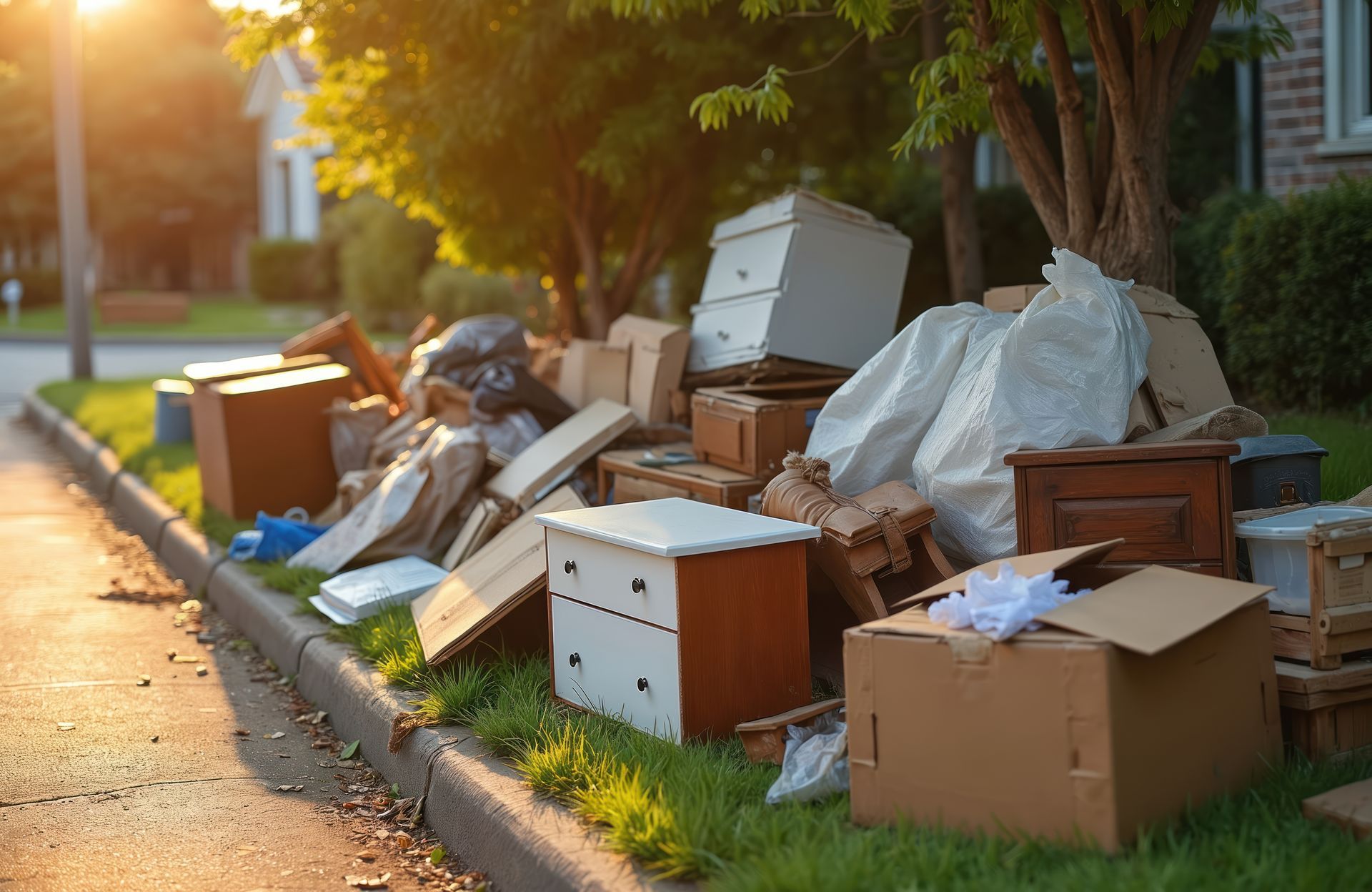 Pile of discarded furniture and boxes stacked along a suburban curb at sunset.