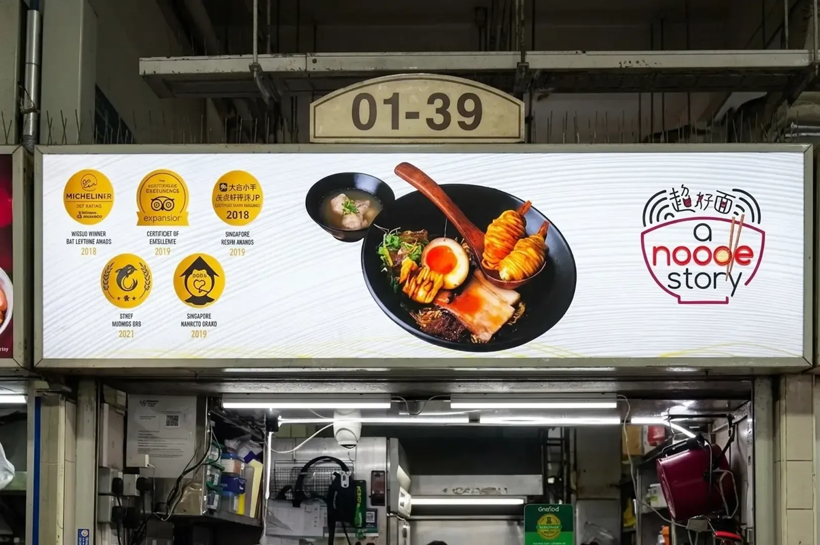 Illuminated sign for A Noodle Story stall 01-39 displaying Michelin awards and ramen imagery.