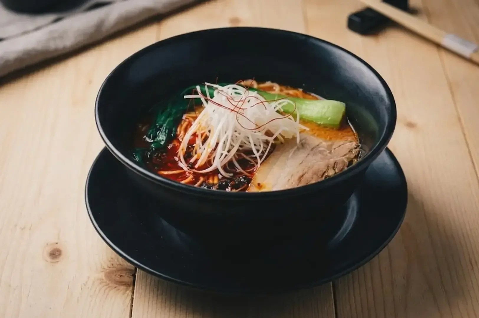 Black bowl of ramen with pork, bok choy, and shredded scallions on a wooden table.