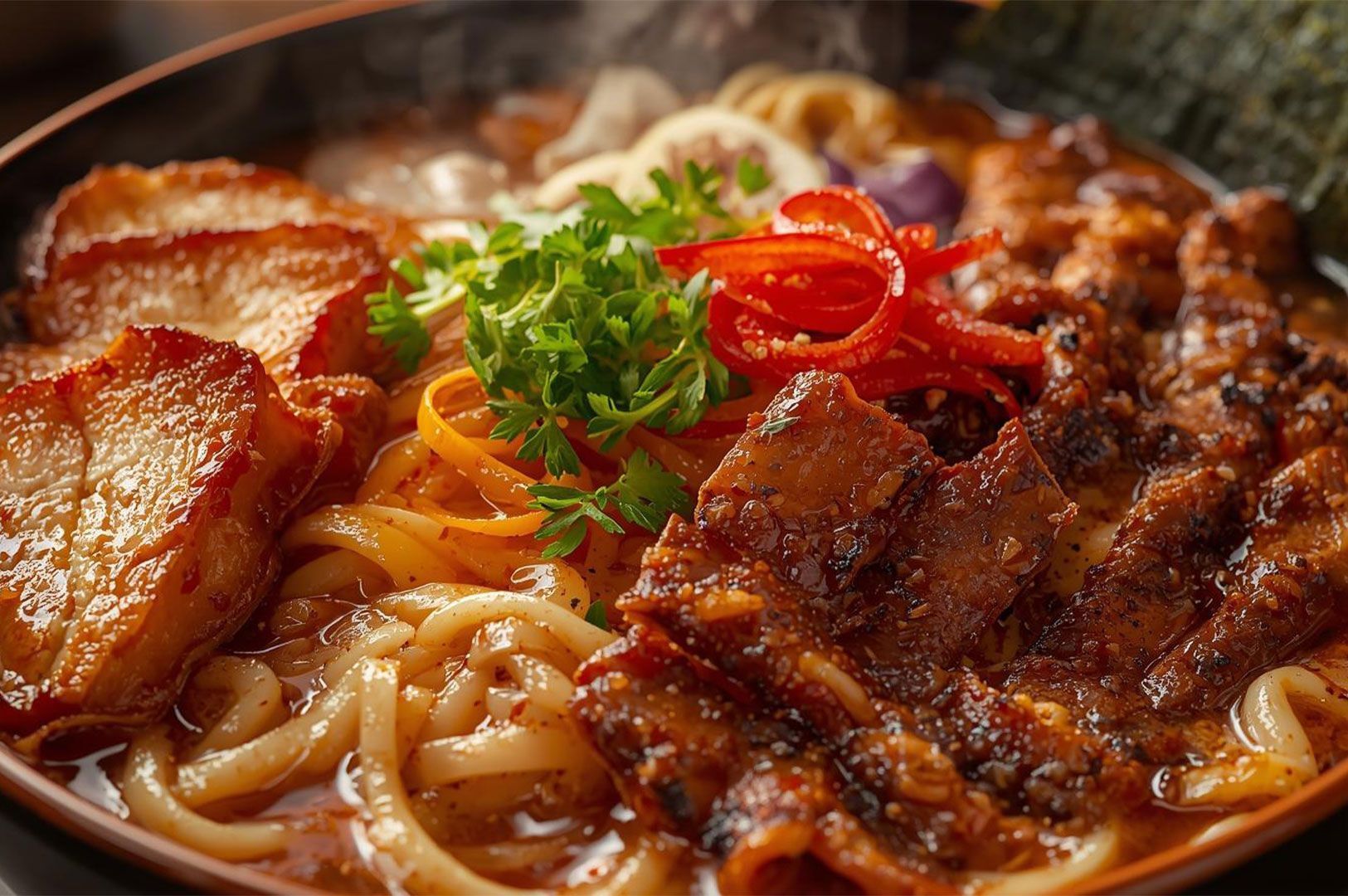 Close-up of a bowl of ramen noodles topped with slices of crispy maple-glazed pork belly, red pepper