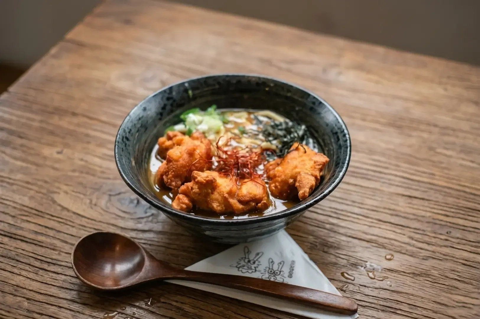 Japanese ramen bowl topped with crispy fried chicken karaage, noodles, and toppings on wooden table.