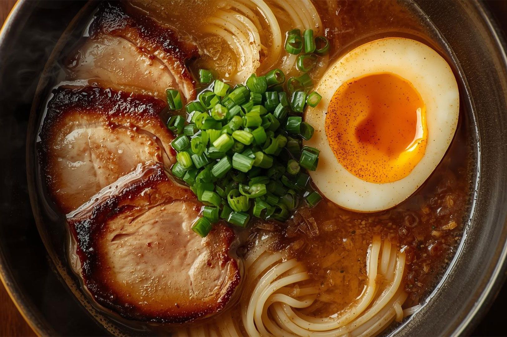 Extreme close-up of a rich, dark brown ramen broth bowl, featuring a slice of seared chashu pork.